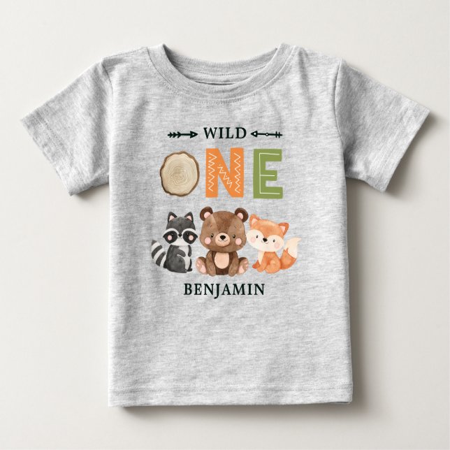Personalisiert WILL ONE First Forest Birthday Baby T-shirt (Vorderseite)