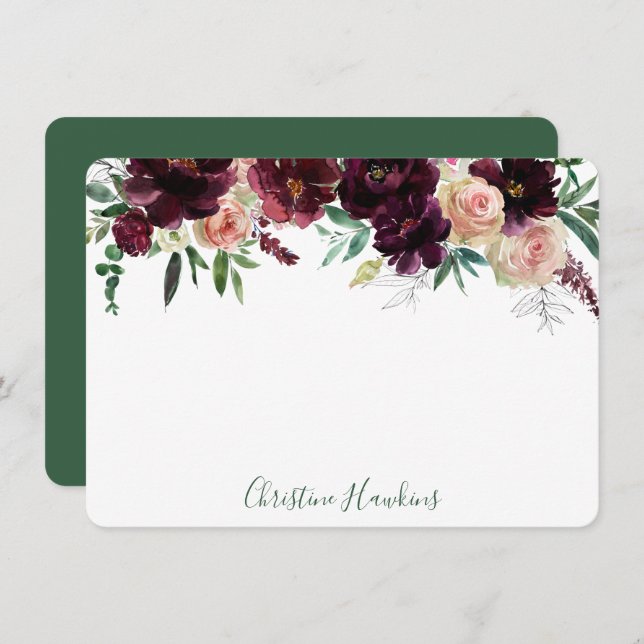 Personalisiert Wine Red Modern Watercolor Floral N Mitteilungskarte (Vorne/Hinten)