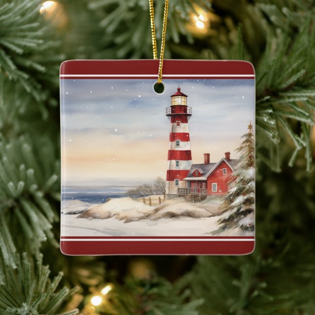 Personalisiert Wintery Lighthouse Schöne Weihnacht Keramikornament (Baum)