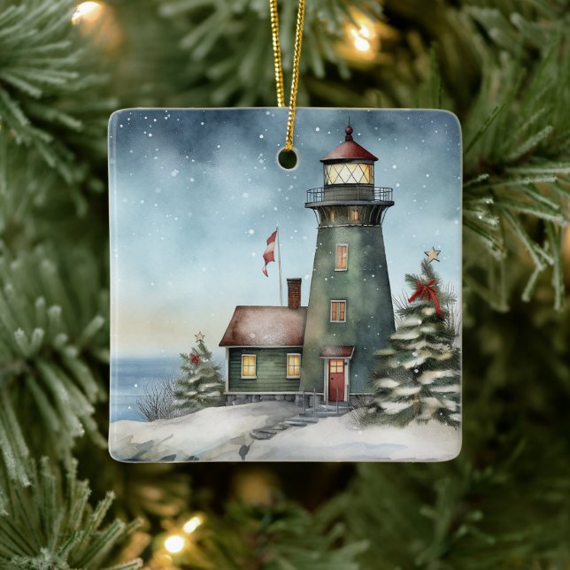 Personalisiert Wintery Lighthouse Schöne Weihnacht Keramikornament (Baum)