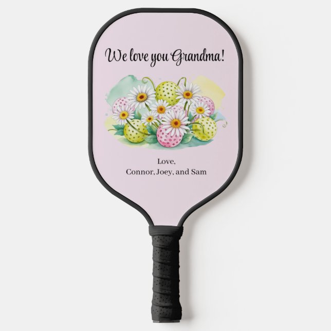 Personalisiert "Wir Liebe Sie Oma" Blumendesign Pickleball Schläger (Vorderseite)