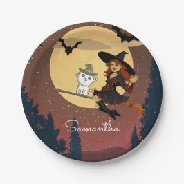 Personalisiert Witch Cat Happy Halloween Name Pappteller