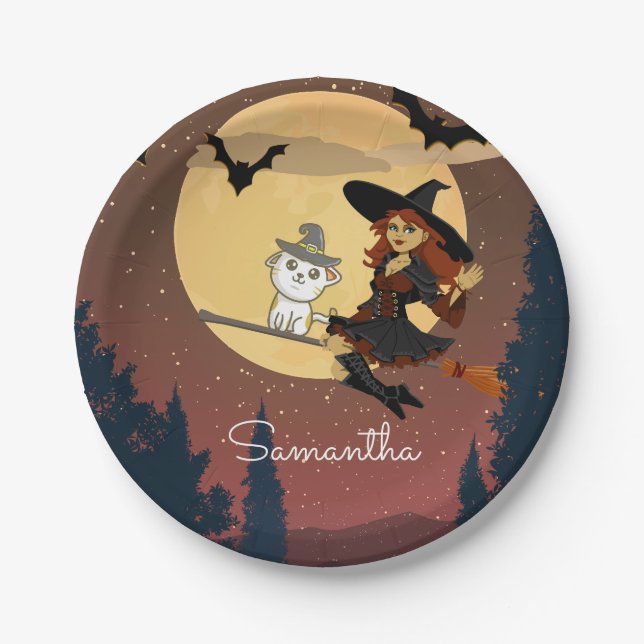 Personalisiert Witch Cat Happy Halloween Name Pappteller (Vorderseite)