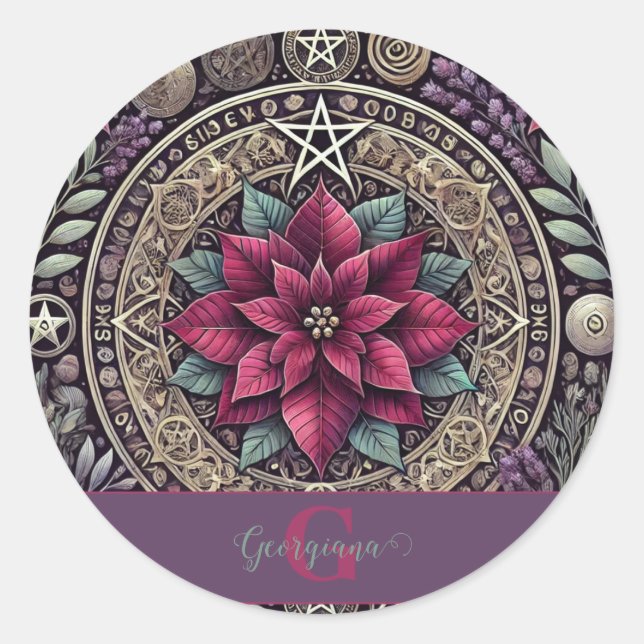 Personalisiert Witchy Poinsettia Pentagram Mandala Runder Aufkleber (Vorderseite)