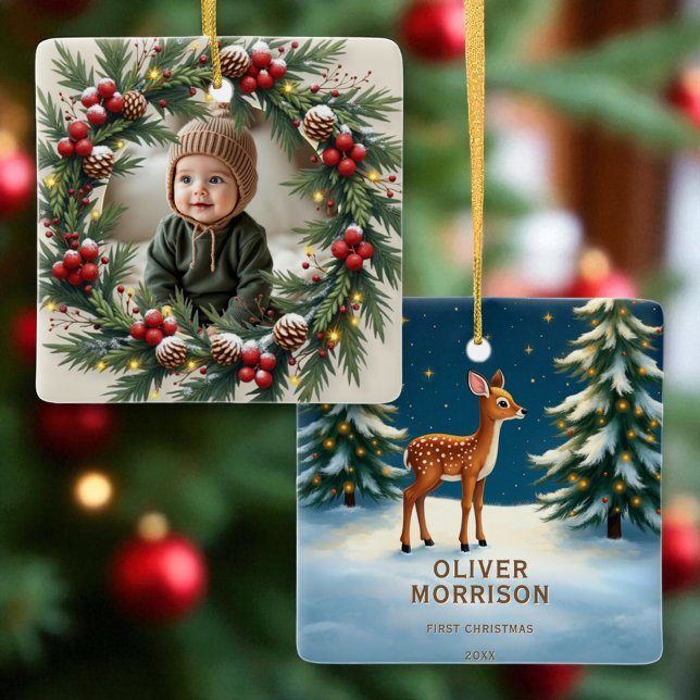 Personalisiert Woodland First Christmas Baby Deale Keramikornament (Von Creator hochgeladen)