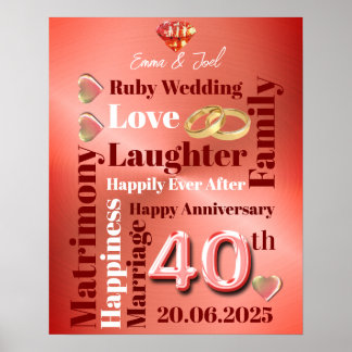 Personalisiert Word Art 40. Hochzeit Poster