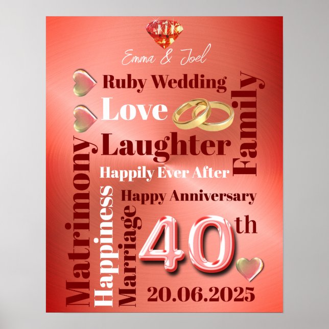Personalisiert Word Art 40. Hochzeit Poster (Vorne)