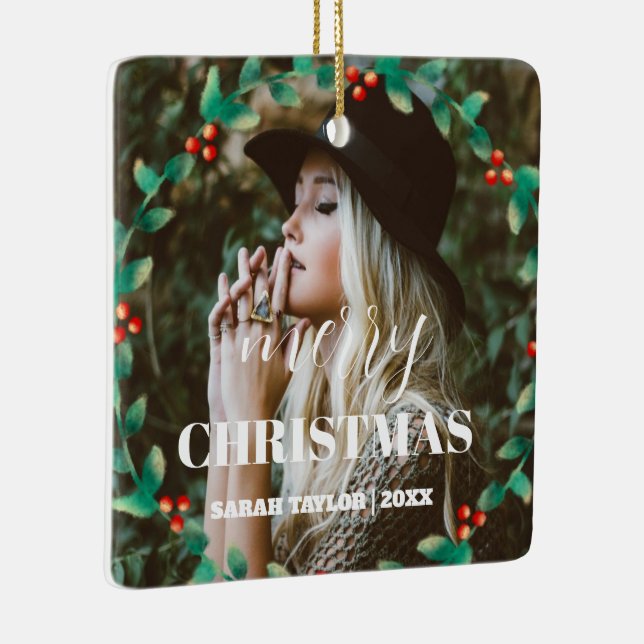 Personalisiert Wreath Frohe Weihnachts-Foto-Script Keramikornament (Rechts)