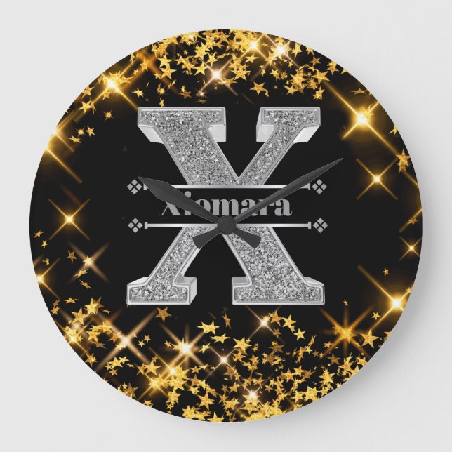 Personalisiert X Initial Silver Monogram Ihr Name Große Wanduhr (Vorderseite)