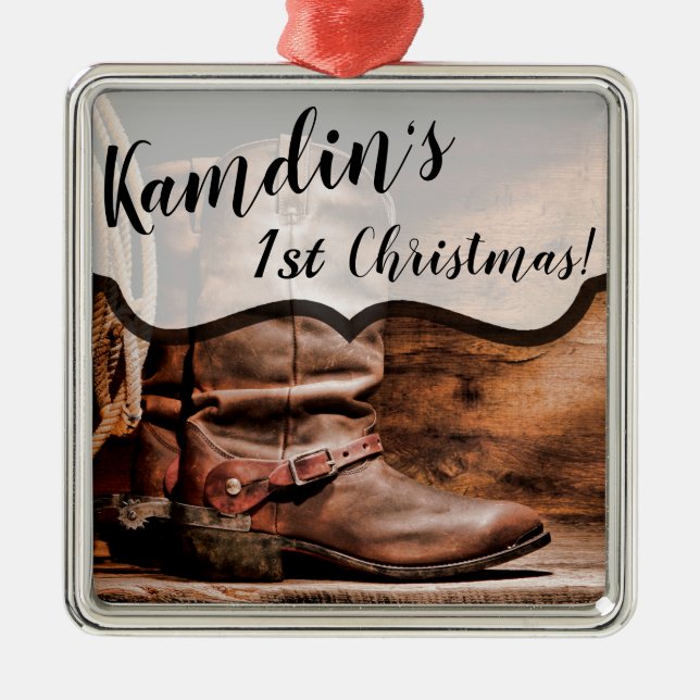 Personalisiert XMAS Ornament Cowboy Boots Barnholz (Vorne)
