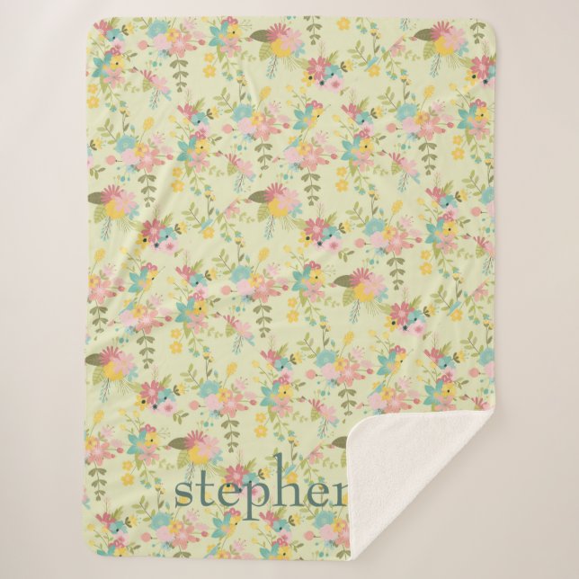 Personalisiert Yellow Pihk Green Florals Sherpadecke (Vorderseite)