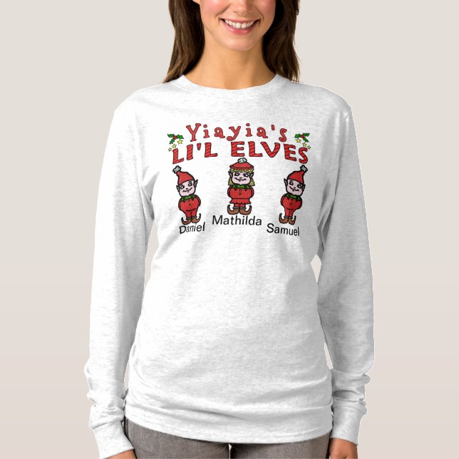 Personalisiert Yiayia Grandkids Elves 2 Jungs 1 Mä T-Shirt (Vorderseite)