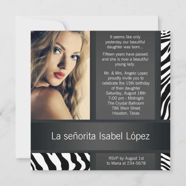 Personalisiert Zebra Foto Quinceanera Einladung (Vorderseite)