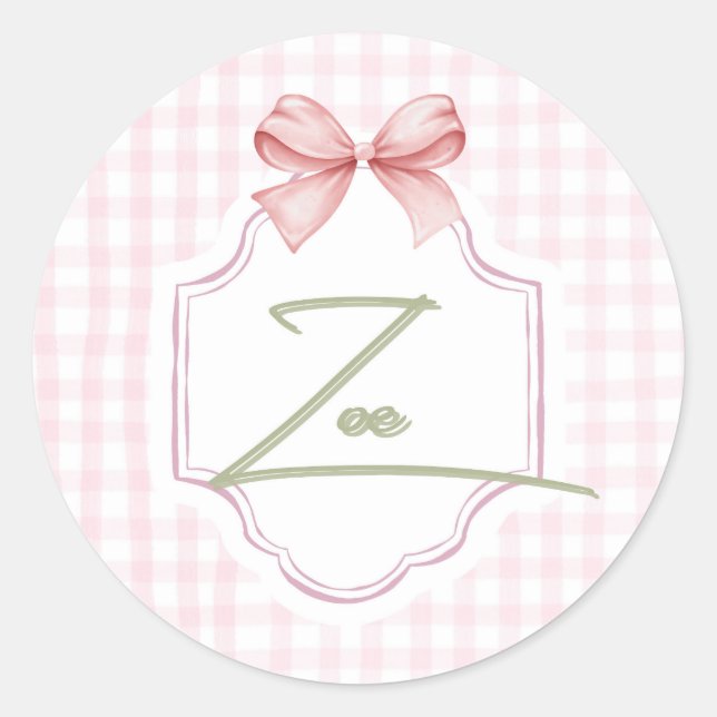 Personalisiert Zoe Baby Girl Kinderzimmer Bow&Ging Runder Aufkleber (Vorderseite)