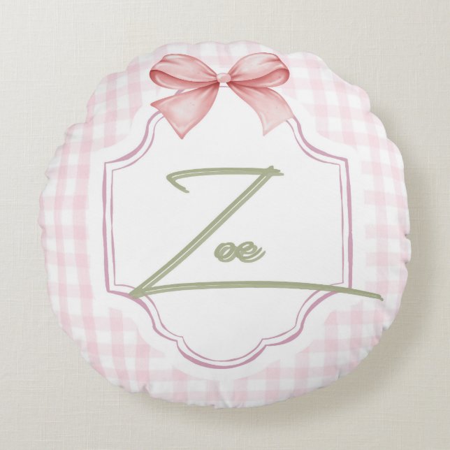 Personalisiert Zoe Baby Girl Kinderzimmer Bow&Ging Rundes Kissen (Vorderseite)