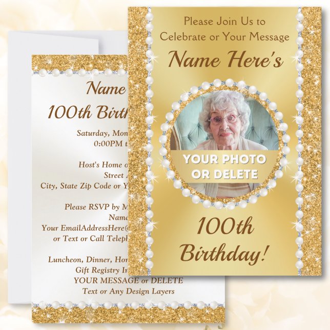 Personalisierte, 100. Geburtstagsparty Einladungen (Personalized and Photo, 100th birthday party invitations. 100th birthday ideas for female. Woman.)