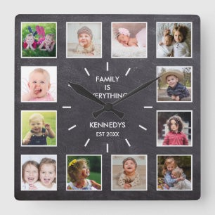 Personalisierte 12-Foto Collage Chalkboard-Familie Quadratische Wanduhr