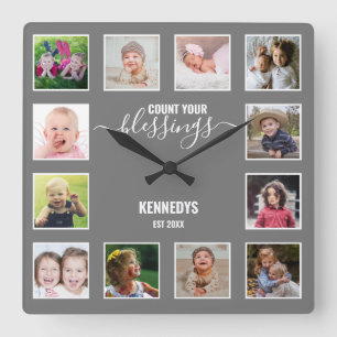 Personalisierte 12-Foto-Collage Familien-Segen Gra Quadratische Wanduhr
