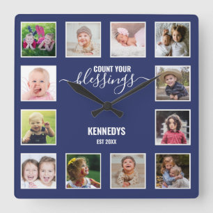 Personalisierte 12-Foto-Collage Familiensegen Blau Quadratische Wanduhr