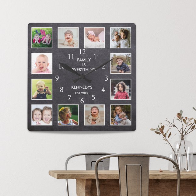 Personalisierte 12 Fotomaterial Frame Chalkboard Quadratische Wanduhr (Personalized 12 Photo Collage Frame Chalkboard Square Wall Clock)