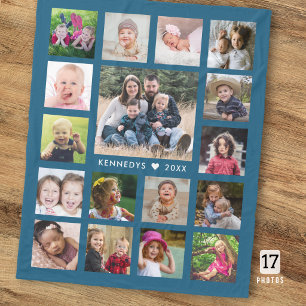 Personalisierte 17-Foto-Collage Familienname Blau Fleecedecke