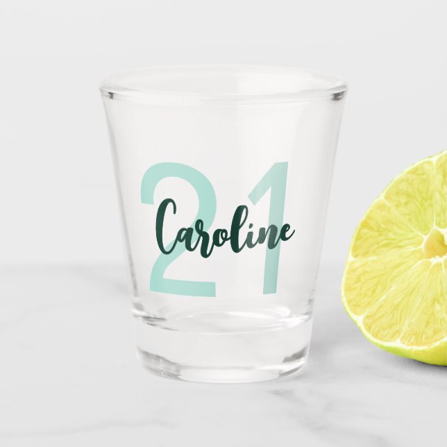 Personalisierte 21. Geburtstag Aquamarine grüne Sc Schnapsglas (Vorderseite)