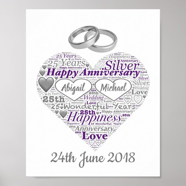 Personalisierte 25. Silver Wedding Word Art Print Poster (Vorne)