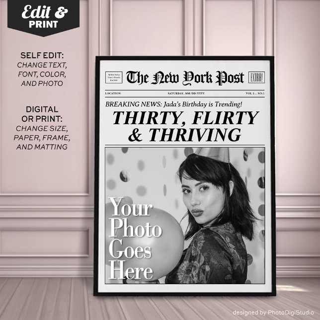 Personalisierte 30. Geburtstagszeitungen-Poster-De Poster (Personalized 30th Birthday Newspaper Poster Decor, Thirty, Flirty and Thriving Newspaper Print)