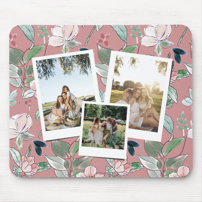 Personalisierte 3-Foto-Rosa-Blumen-Hintergrund  Mousepad (Vorne)