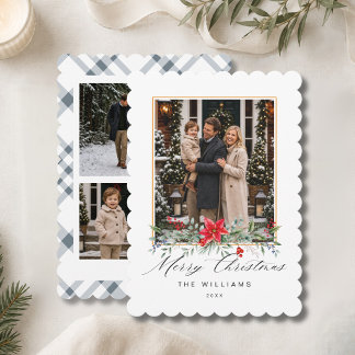 Personalisierte 3-Foto-Schrift Grau Blau Gingham Feiertagskarte