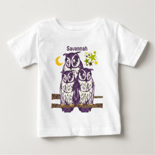 Personalisierte 3 Lila Eulen Mond und Sterne Baby T-shirt