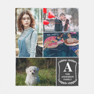 Personalisierte 4 Foto-Collage mit Monogramm u. Fleecedecke