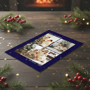 Personalisierte 4er-Familienfotocollage Tiefblau Feiertagskarte
