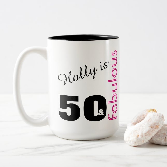 Personalisierte 50 u. fabelhaftes Themed Zweifarbige Tasse (Mit Donut)