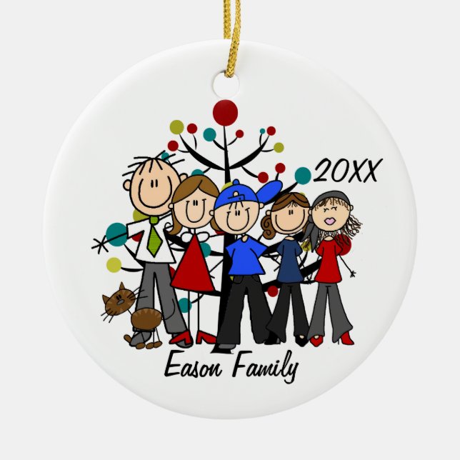 Personalisierte 5-er-Familie mit braunen Katzename Keramik Ornament (Vorne)