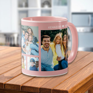 Personalisierte 5-Foto-Collage Familienname Pink Tasse