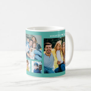 Personalisierte 5-Foto-Collage Familienname Türkis Kaffeetasse
