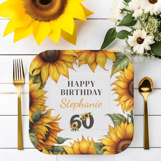 Personalisierte 60. Geburtstag Sonnenblumenpapier- Pappteller (🌻 Sunflower Splendor: Personalized 60th Birthday Paper Plates! 🎈)
