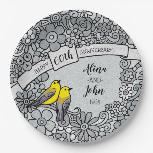 Personalisierte 60-jährige Diamond-Floral-Vögel Pappteller