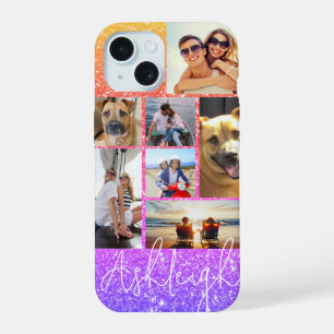 Personalisierte 7-Foto-Collage Multi-Color Glitter iPhone 15 Hülle