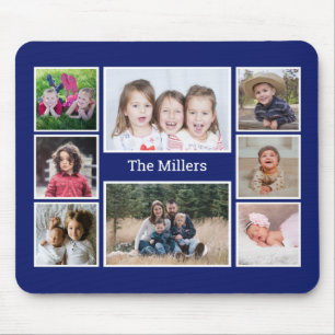 Personalisierte 8-Foto-Collage Familienname Blau Mousepad