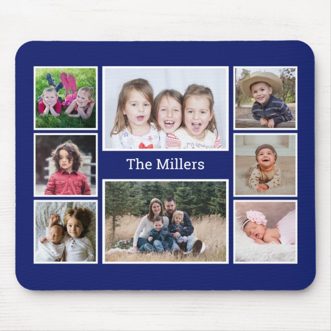 Personalisierte 8-Foto-Collage Familienname Blau Mousepad (Vorne)