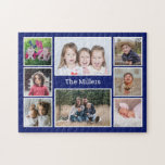 Personalisierte 8-Foto-Collage Familienname Blau Puzzle<br><div class="desc">Einzigartiges Foto Collage Puzzle personalisiert mit 8 Bildern und Familiennamen.</div>