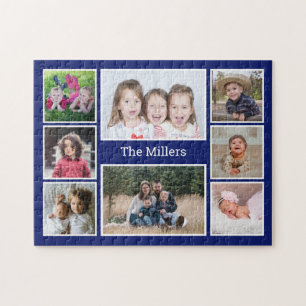 Personalisierte 8-Foto-Collage Familienname Blau Puzzle