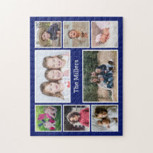 Personalisierte 8-Foto-Collage Familienname Blau