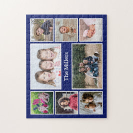 Personalisierte 8-Foto-Collage Familienname Blau Puzzle