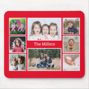 Personalisierte 8-Foto-Collage Familienname Rot Mousepad