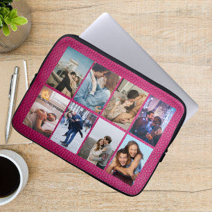 Personalisierte 8-Foto-Collage Modernes rosa Leder Laptopschutzhülle