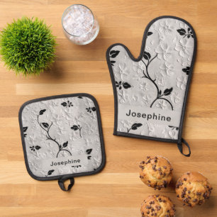 Personalisierte Abstrakte Schwarz-Weiß-Florals Ofenhandschuh & Topflappen-Set
