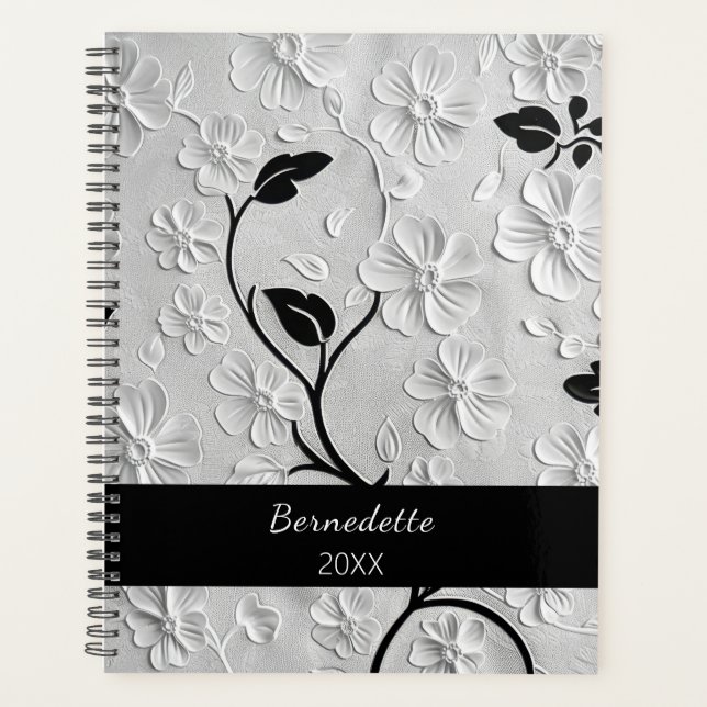 Personalisierte Abstrakte Schwarz-Weiß-Florals Planer (Vorderseite)